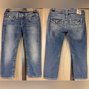 True Religion ‘Disco Lily Big T’ Capri Jeans ~ in Blue Wash w/Crystal Buttons~28